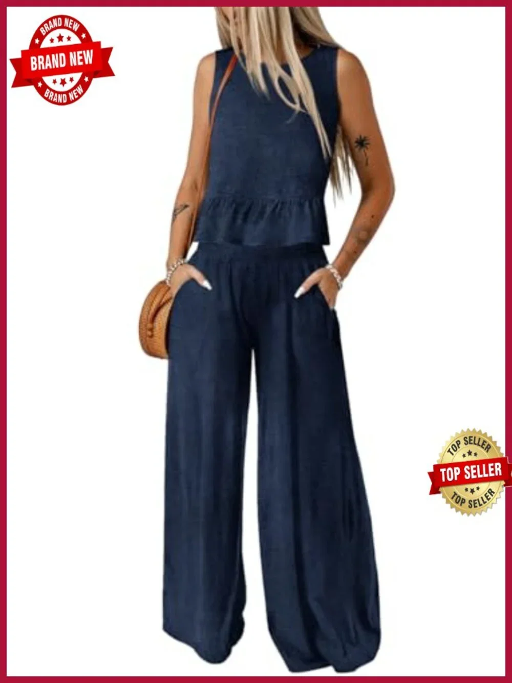 2 Piece Outfit Tank Top Wide Leg Pants Set Sleeveless Loungewear with Pockets